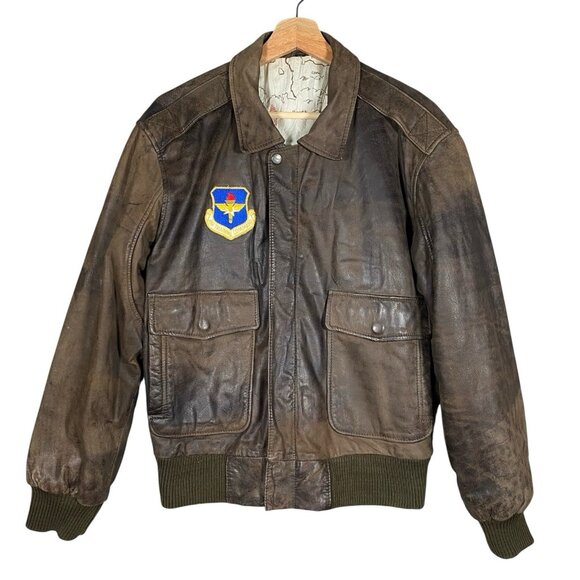 Vintage Mirage Leather Jacket 38 Air Force Patch WWII Map Lined Bomber Flight